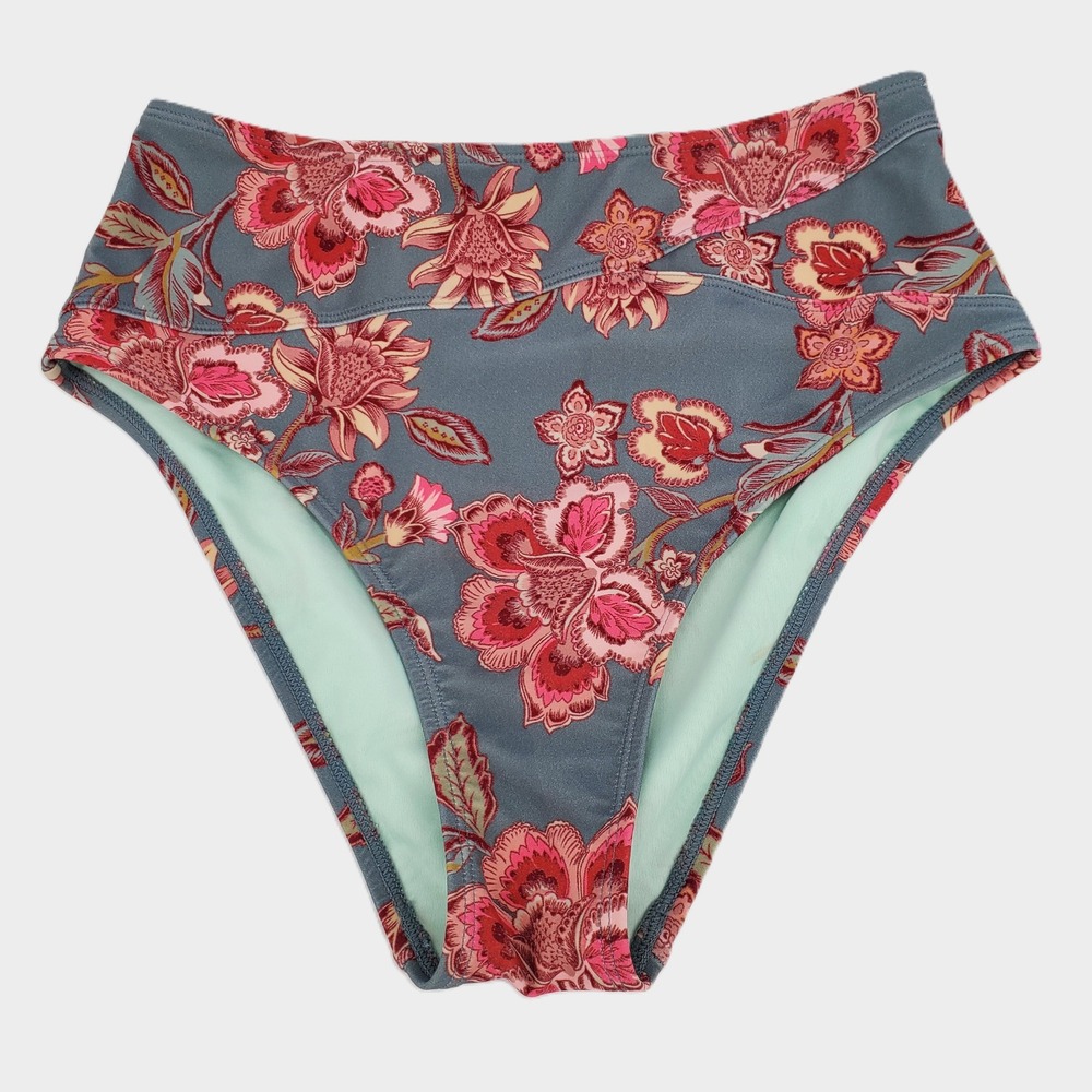 Cupshe High Waisted Bikini Swim Bottom Small Floral Blue Pink Lined Stretch New